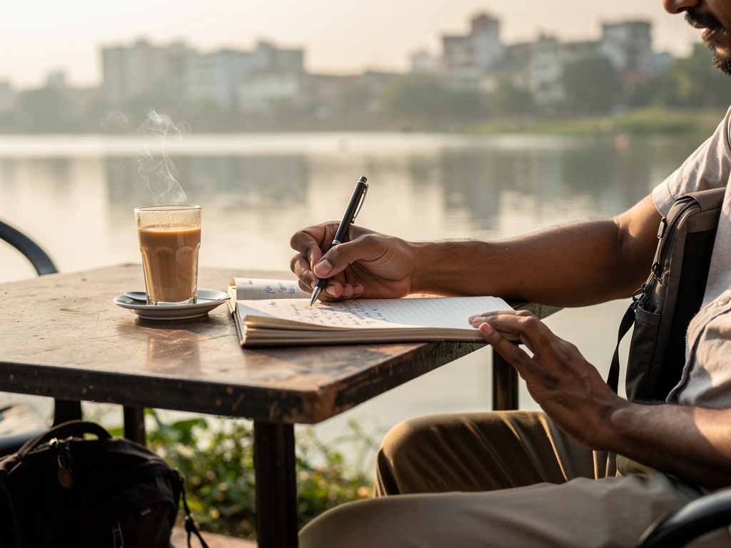Traveler writing notes at a lakeside café