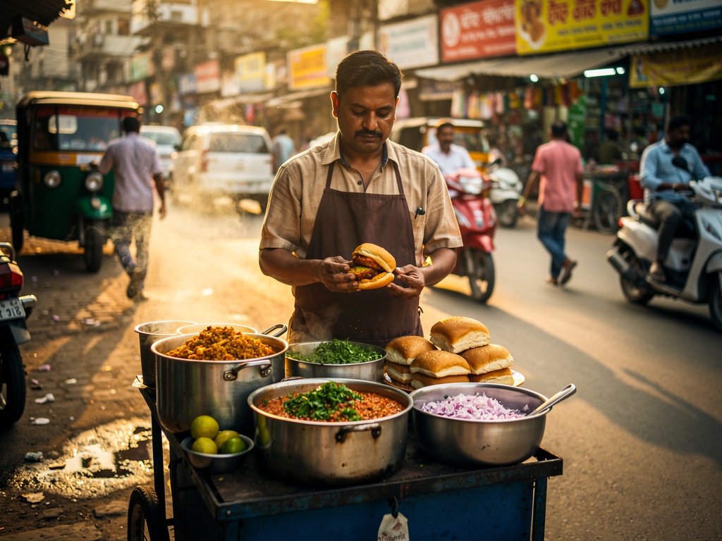 Street food vendor serving vada pav in Dombivli