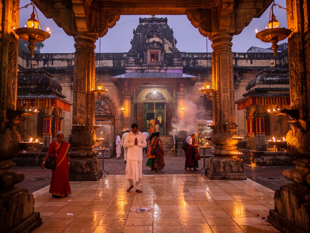 Historic temple courtyard with evening lights in Dombivli